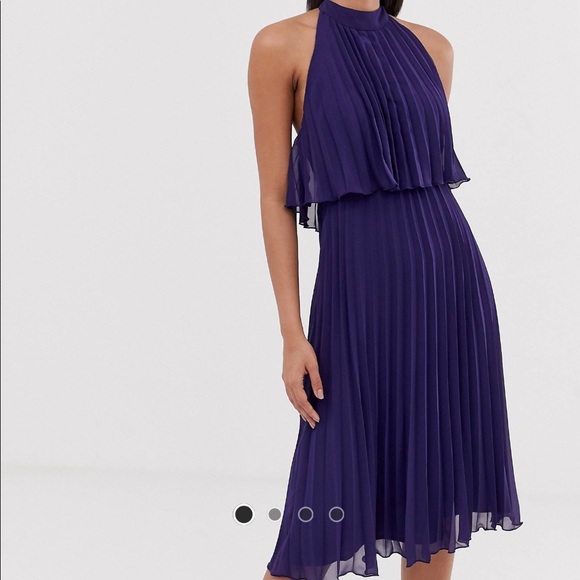 halter tie neck midi dress in pleat